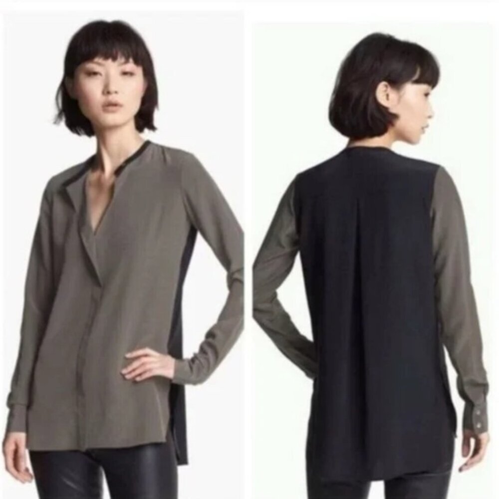 VINCE NEW 100% Silk Tunic Shirt V Neck Top Long Sleeve Minimal Slits Military 10